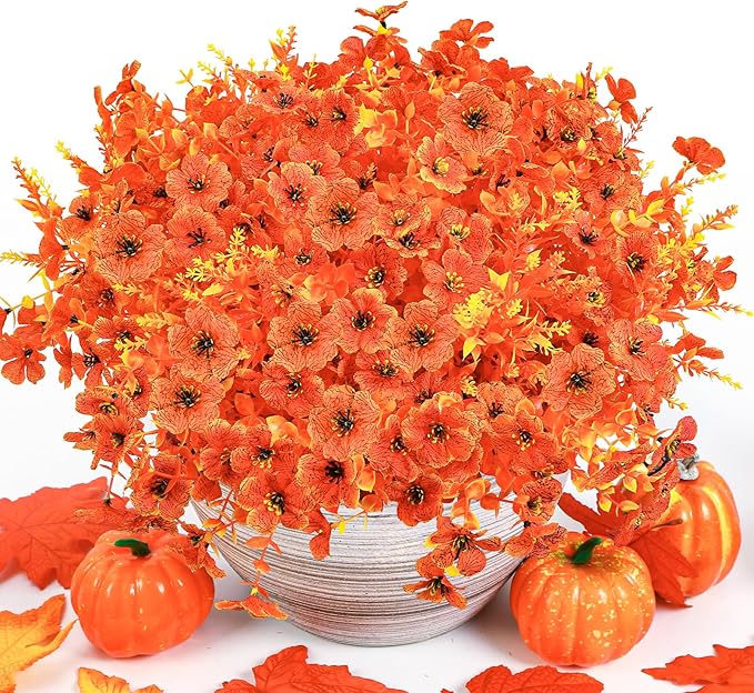 SHareconn 48 Bundles Artificial Fall Flowers for Outdoors Decoration, UV Resistant Silk Eucalyptus Lavender Faux Autumn Fake Plants for Outside Indoor Garden Yard Porch Home Decor, Sunset Red Orange