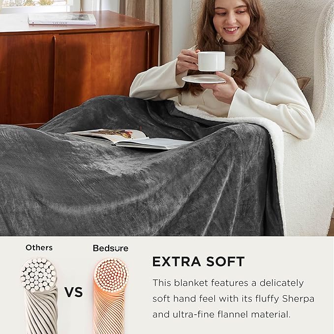 Bedsure GentleSoft Sherpa Fleece Oversized Cal King Blankets for Bed - Thick and Warm Throw for Women and Men, Soft Fuzzy Plush Large Blanket for Winter, Charcoal, 112x98 Inches