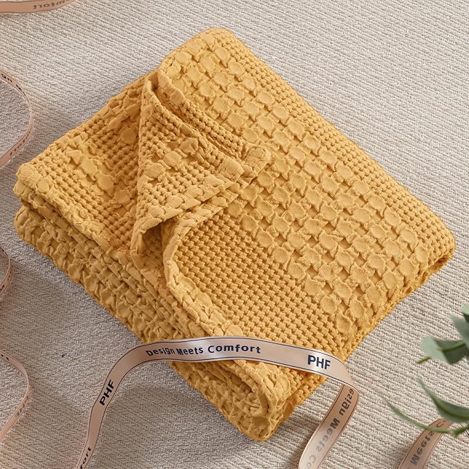 PHF 100% Cotton Waffle Weave Throw Blanket, Soft Lightweight Breathable Cozy Throws for Couch Bed Sofa, Luxury Aesthetic Woven Blanket for Home Decor & Office, 50"x60", Pumpkin Orange
