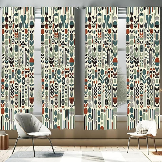 Ambesonne Leafy Art Window Curtains Pack of 2, Scandinavian Leaves Pattern with Geometric Roundy Modern Boho Print, Lightweight Set with Rod Pocket, 4 Panels of - 28" x 95", Pale Green Redwood Teal