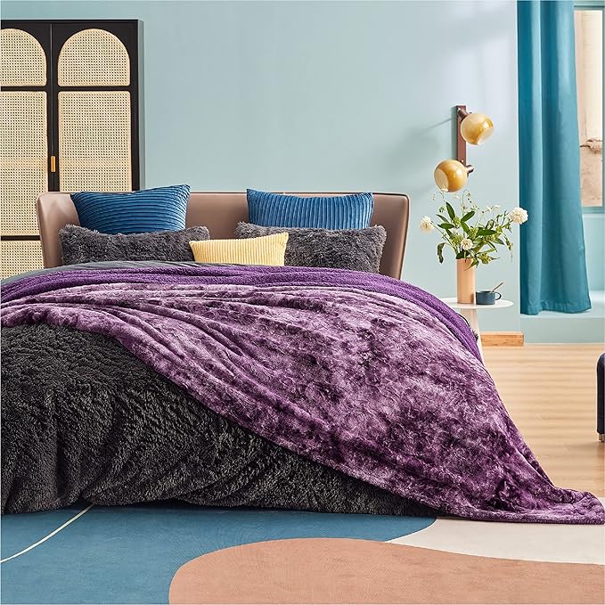 Bedsure GentleSoft Sherpa Fluffy Blanket King Size for Bed - Fleece Warm and Cozy for Women Gift, Plush & Fuzzy Faux Fur Christmas Blanket for Couch, Sofa Decor, Tie Dye Design, Purple, 108x90 Inches