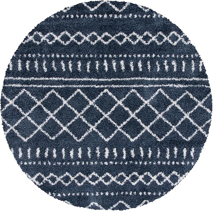 SAFAVIEH Arizona Shag Collection Area Rug - 6'7" Round, Slate Blue & Ivory, Moroccan Design, Non-Shedding & Easy Care, 1.6-inch Thick Ideal for High Traffic Areas in Living Room, Bedroom (ASG741L)