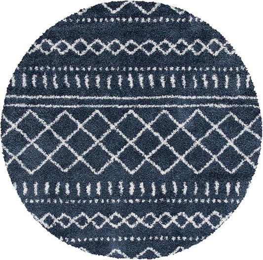 SAFAVIEH Arizona Shag Collection Area Rug - 5'1" Round, Slate Blue & Ivory, Moroccan Design, Non-Shedding, 1.6-inch Thick, Ideal for High Traffic Areas in Living Room, Bedroom (ASG741L-5R)