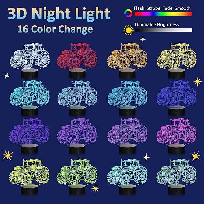 Attivolife Tractor 3D Illusion Night Lamp, 16 Color Changing Dimmable Hologram Lighting, Timer Toy USB Charge Table Desk Bedroom Decoration Creative Gift for Kid Boy with Remote Control