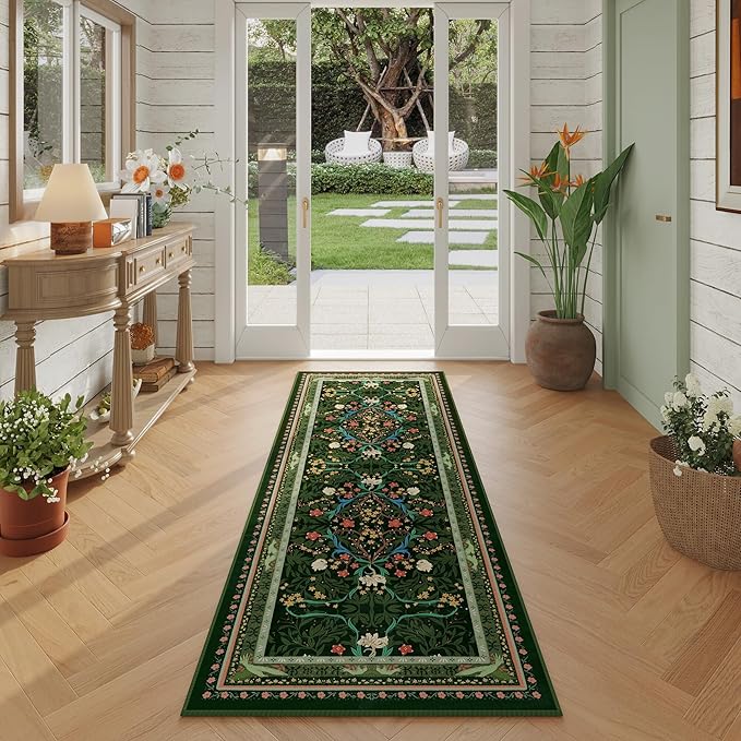 Runner Rug for Kitchen Rug Non Slip 2'x6' Washable Rugs with Rubber Backing Soft Vintage Floral Botanical Carpet Runner for Kitchen, Laundry, Bedroom, Bathroom, Green