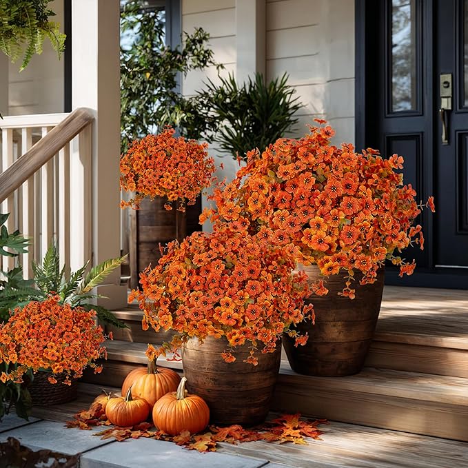 Artificial Fall Flowers Outdoor Fake Mums - 16 Bundles Fake Plants UV Resistant No Fade Faux Plastic Greenery Garden Porch Patio Fall Home Decor (Orangegreen)
