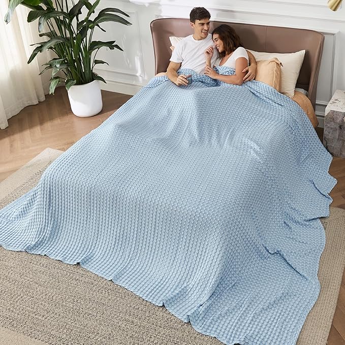 Bedsure Cooling Cotton Waffle Oversized King Blanket - Lightweight Breathable Rayon Derived from Bamboo for Hot Sleepers, Luxury Throws for Bed and Sofa, Blue, 120x96 Inches