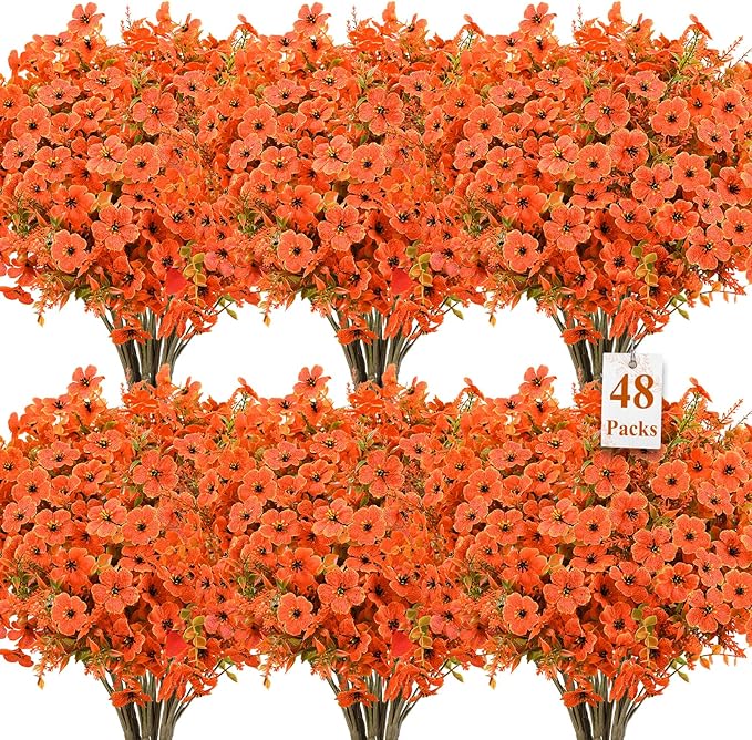 SHareconn 48 Bundles Artificial Fall Flowers for Outdoors Decoration, UV Resistant Silk Eucalyptus Lavender Faux Autumn Fake Plants for Outside Indoor Garden Yard Porch Home Decor, Autumn Colours