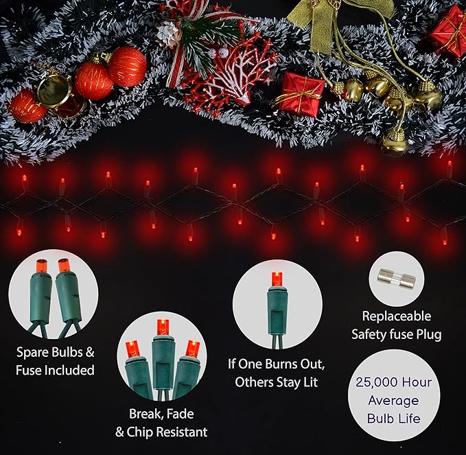 Holiday Essence Essence LED Mini Christmas Lights Set, 60 5mm Red String Lights, Green Wire, for Indoor Outdoor Décor, Valentines, Home, Wedding, Patio, Garden Decorations, UL Certified