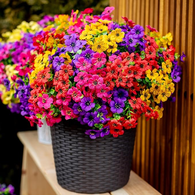 Artificial Flowers for Outdoors Fake Plants - 16 Bundles Faux Outside Greenery Boxwood UV Resistant Plastic Shrubs Decor (Mixed)