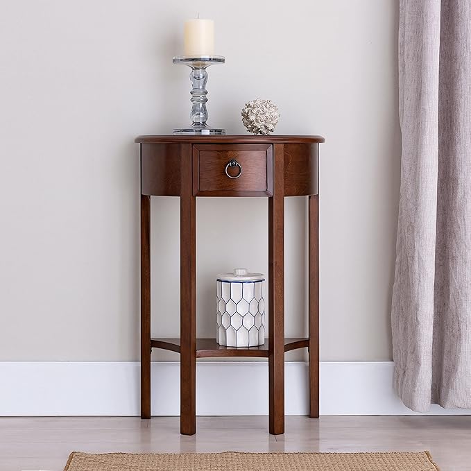 Seneca Solid Wood Demilune Console Table with Shelf and Drawer, Pecan, Perfect for Entryways, Hallways, and Stair Landings – Leick Home, 9030