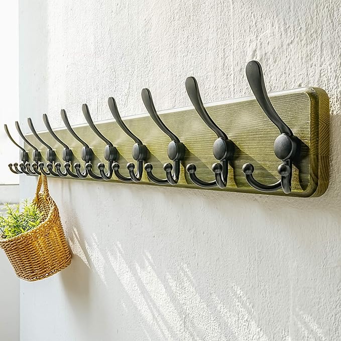 Dseap Coat Rack Wall - Heavy-Duty 38-1/4" Long, with Reinforced 10 Custom Tri-Hooks, Solid Wood Wall Hanger for Coats Hat Jackets - Rustic Farmhouse Entryway Storage,Weathered Green & Black,Pack of 2
