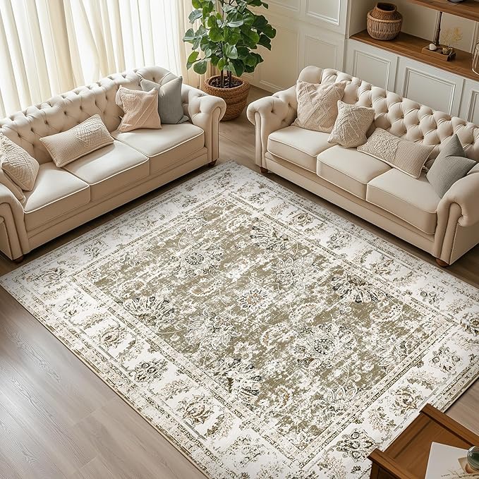 jinchan 6x9 Area Rugs for Living Room - Machine Washable Vintage Floral Distressed Design Stain Resistant Boho Carpet Ultra-Thin Low Pile Non-Slip Rug for Bedroom Dining Room Home Office (6‘x9',Taupe)