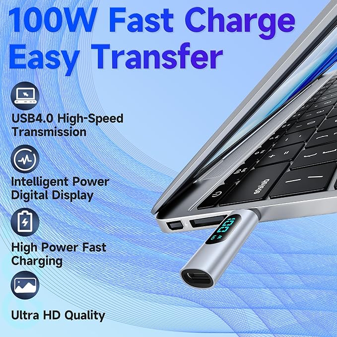 USB C Adapter, 2 Pack 100W USB C Male to USB C Female Extension Adapter Type C Power Meter Tester with LED Display OTG Extender Adapter for iPhone 15, iPad, More USB-C Cables (2Pcs, Grey