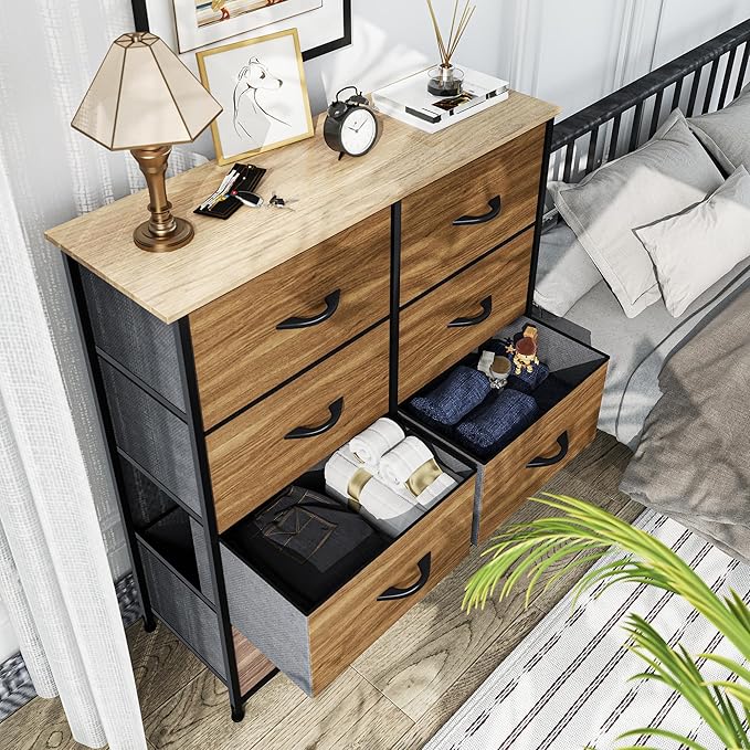 YITAHOME Dresser with 8 Drawers - Fabric Storage Tower, Organizer Unit for Bedroom, Living Room, Hallway, Closets - Sturdy Steel Frame, Wooden Top & Easy Pull Fabric Bins, Burlywood Grain