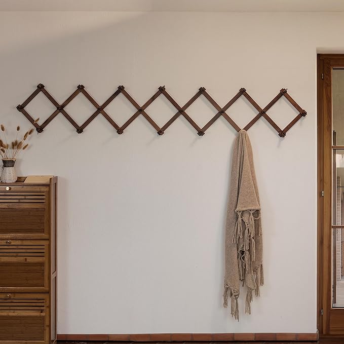 SKOLOO Accordion Wall Hanger with 22 Hooks, Modern Expandable Coat Rack Hat Rack for Wall, Solid Wooden, Walnut Color