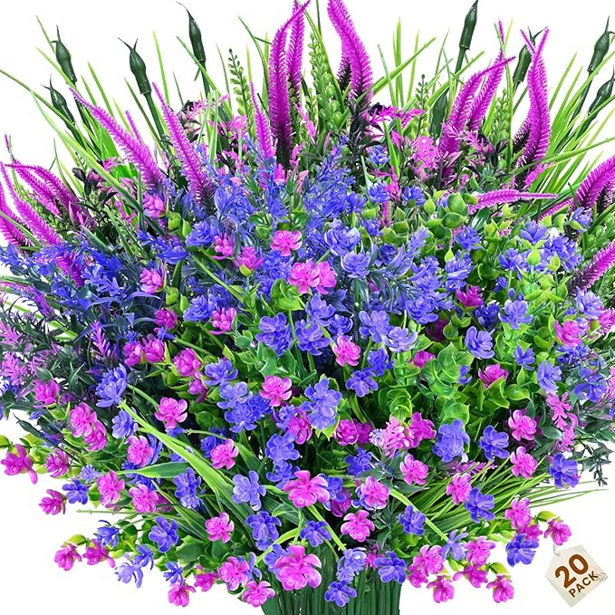 Artificial Plants Outdoor, 20PCS Artificial Flowers, UV Resistant Fake Flowers, Faux Flowers for Outdoor Planters for Front Porch Pot Decor