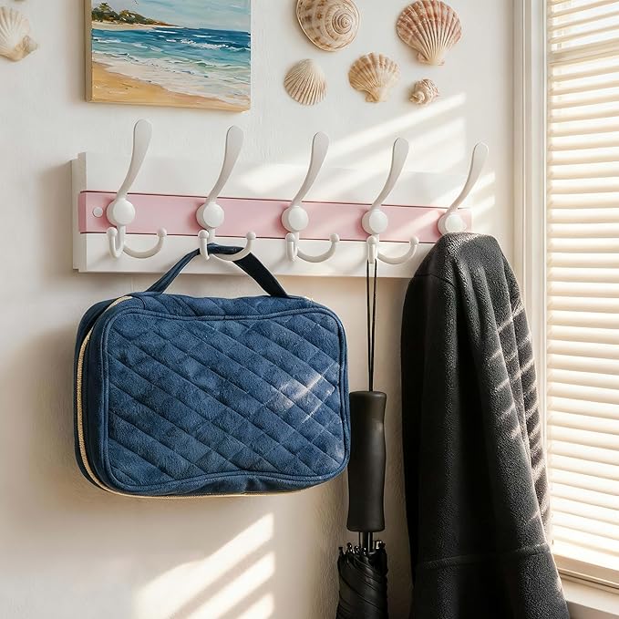 SKOLOO Coastal Wall Mounted Coat Rack - 17" Beach House Entryway Wooden Coat Hook with 5 Hooks for Hanging Coats, Hats or Towels, Oceanfront Cottage Core Collection, White & Palm Beach Pink