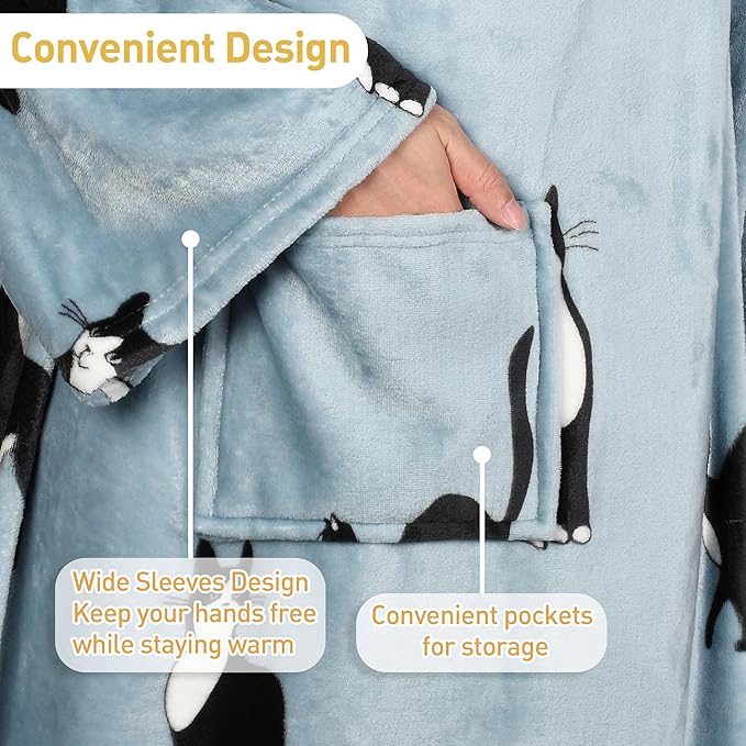Catalonia Wearable Fleece Blanket with Sleeves and Foot Pockets for Adult Women Men, Micro Plush Comfy Wrap Sleeved Throw Blanket Robe Large, Wondercat Grey