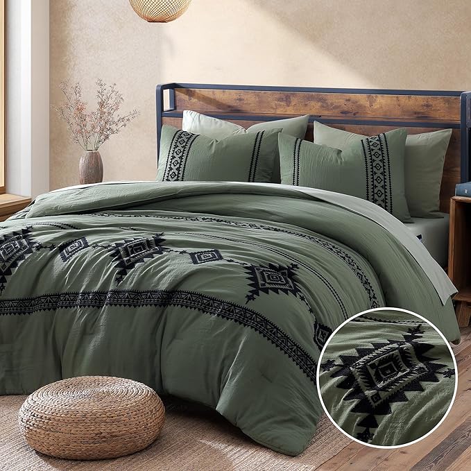 MaiRêve Oversized Queen Comforter Set Olive Green, Embroidery Western Bedding Set Boho 7 Pieces, Farmhouse All Season Bed in A Bag with Sheets, Pillowcases & Shams
