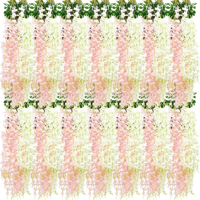 Giegxin 36 Pcs Artificial Wisteria Hanging Flowers 3.6 ft Artificial Fake Wisteria Vine Rattan Hanging Garland Silk Flowers String for Wall Home Wedding Party Greenery Decorations (Pink,White)