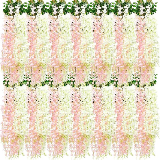Giegxin 36 Pcs Artificial Wisteria Hanging Flowers 3.6 ft Artificial Fake Wisteria Vine Rattan Hanging Garland Silk Flowers String for Wall Home Wedding Party Greenery Decorations (Pink,White)