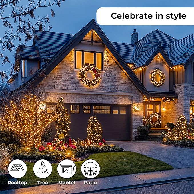 Christmas LED Lights 100 Warm White String Lights for Indoor and Outdoor Decorative Use, Holiday and Tree Decor, Patio Hanging Lighting Decorations, Green Wire, 26.9 Ft, UL Certified