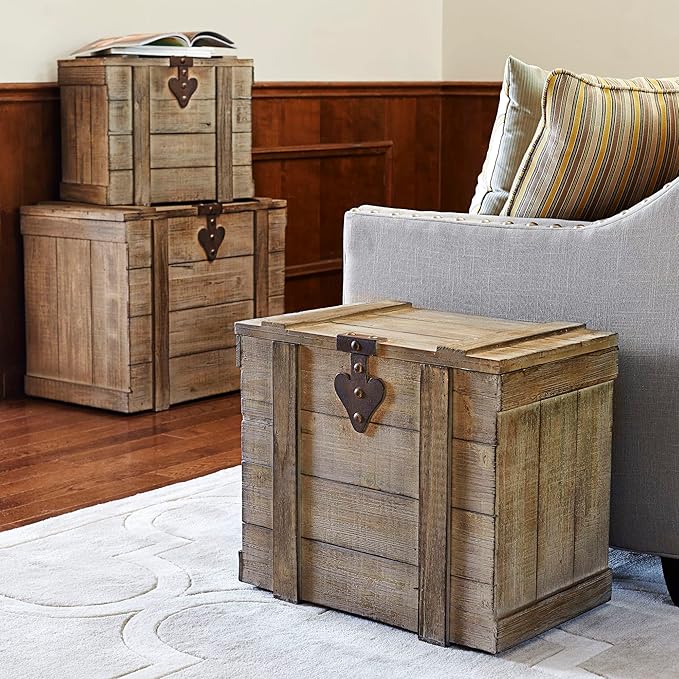 Household Essentials Antiqued Decorative Trunk, 3 Piece Set, Small, Medium and Large, Chinese Fir Panel and MDF, Smooth Backing and Metal Hinge Accent, Flat Top and Stay-Open Lid