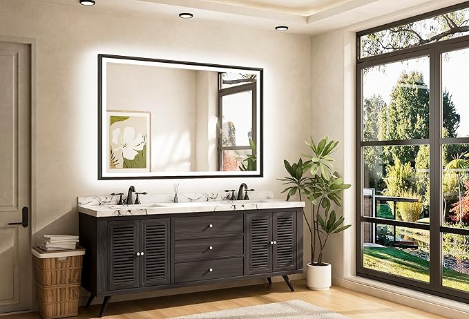 TETOTE 60x40 LED Bathroom Mirror with Lights Black Frame Frontlit & Backlit Lighted Vanity Mirror Baroque Anti Fog Dimmable White/Warm/Natural,CRI90+,Waterproof,Wall Mounted(Horizontal/Vertical)