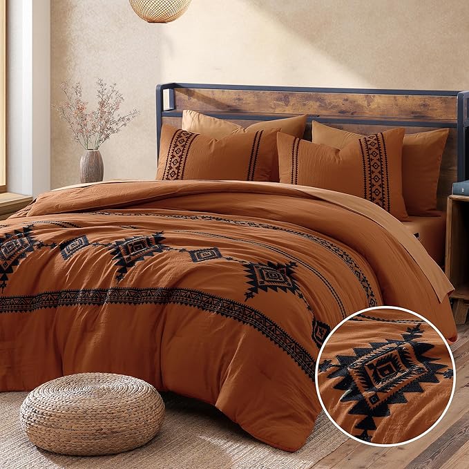 MaiRêve California King Comforter Set Burnt Orange, Embroidery Western Bedding Set Boho 7 Pieces, Farmhouse All-Season Bed in A Bag with Sheets, Pillowcases & Shams
