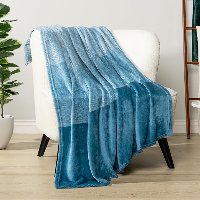 Pavilia Blue Ombre Fleece Blanket for Twin Size Bed, Soft & Cozy Microfiber Gift Decorative Blanket, 60x80