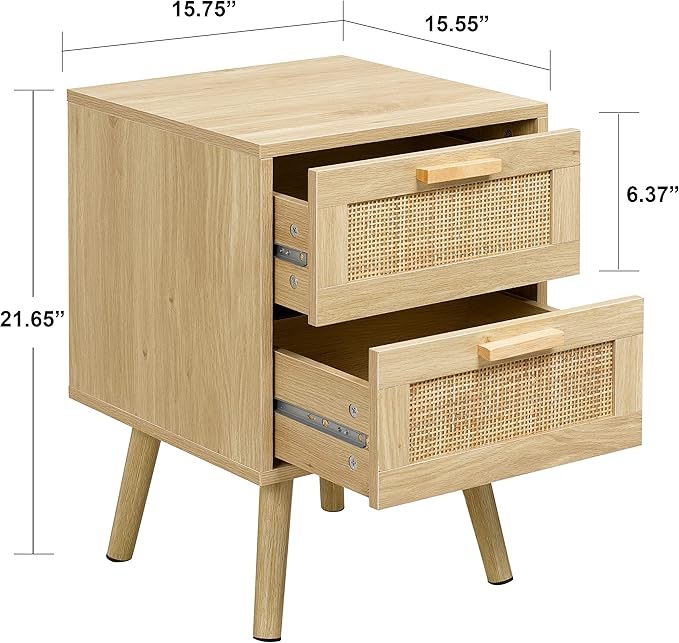 Finnhomy Nightstands Set of 2, Night Stands Set 2 with Hand Made Rattan Decorated Drawers, Nightstand, End Table, Bedside Tables Set of 2 for Bedroom, Natural, 2 Pack
