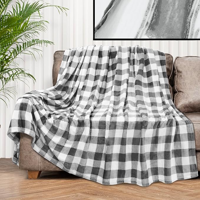 PAVILIA Light Grey Buffalo Plaid Throw Blanket for Couch, Soft Checkered Flannel Fleece Blanket for Sofa, Grey White Plaid Decorative Couch Throw, Warm Cozy All Season Fall Blanket Decor Gift, 60x80