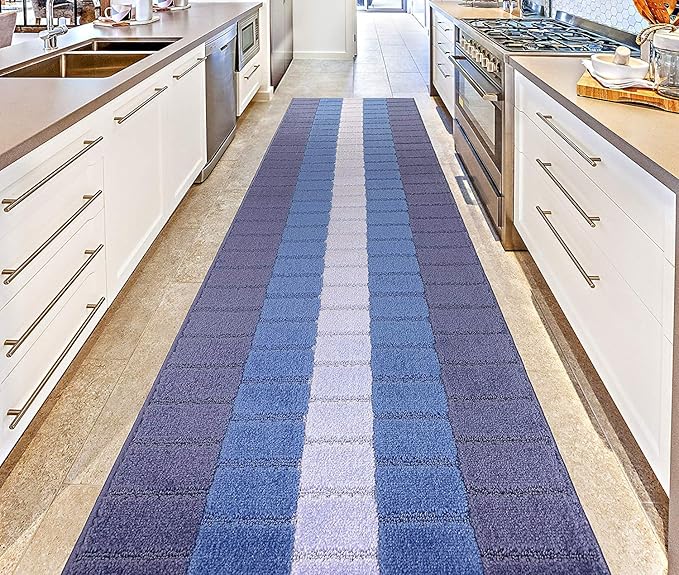 Custom Size Coastal Nautical Style Runner Rug Carpet for Hallway Entryway, Slip Resistant Latex Rubber Backed, 31 inch Wide X Customized Length, Squares Blue, 31 inch X 20 feet