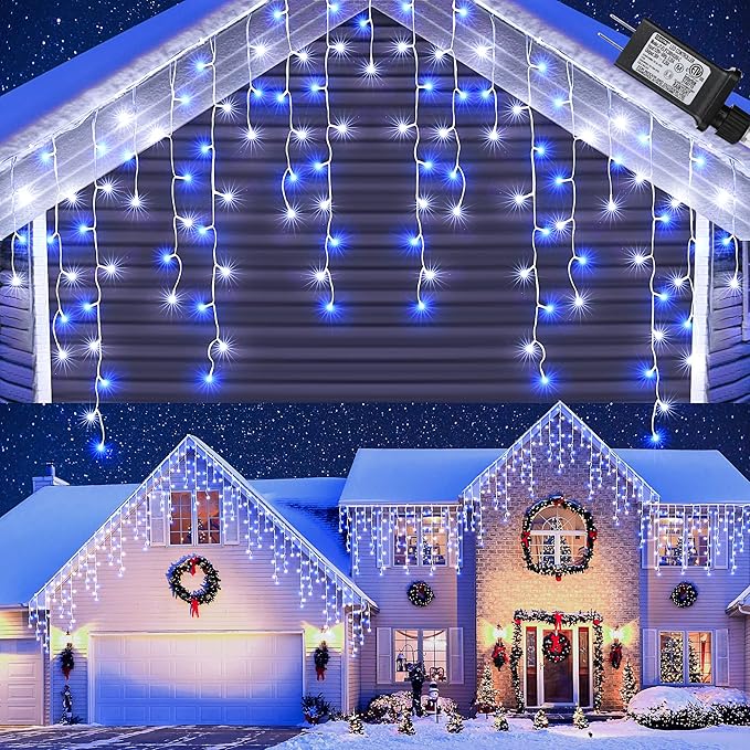 Toodour White & Blue Christmas Icicle Lights, 29.5ft 360 LED Icicle Lights, 8 Modes, 60 Drops, Window Curtain Led Christmas Light, Icicle Twinkle Light for Eaves, Party, Wedding, Xmas Decorations