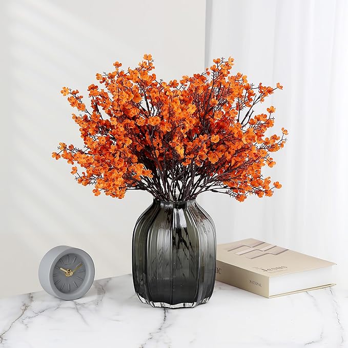 JAKY-Global Babys Breath Orange Silk Artificial Flowers 12 Bundle European Fake Silk Plants Decor Wedding Party Decoration Bouquets Real Touch DIY Home Garden (Orange 12pcs)