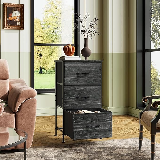 WLIVE Nightstand with 3 Drawers, Fabric Dresser, Organizer Unit, Storage Dresser for Bedroom, Hallway, Entryway, Closets, Steel Frame, Wood Top, Easy Pull Handle, Charcoal Black Wood Grain Print