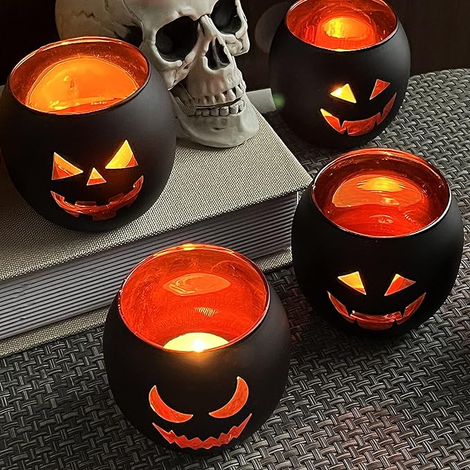 SHMILMH Halloween Table Centerpiece Candle Holders Set of 12, Black and Gold Glass Votive Holder with 6 Grimace, Tealight Holders Bulk for Halloween Party D?or