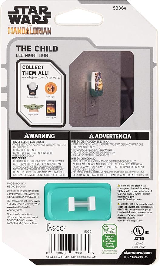 STAR WARS LED Night Light, Baby Yoda, Plug-in, Dusk to Dawn Sensor, The Mandalorian, Grogu, UL-Certified, Cute Nightlight for Kids, Bedroom, Bathroom, Hallway, Game Room, Gifts, 53364