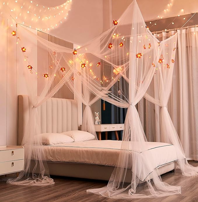 Mengersi Bed Canopy with Lights,Maple Leaf Pumpkin Canopy Bed Curtains Mosquito net,Halloween Theme Party Supplies Festival Decor,White