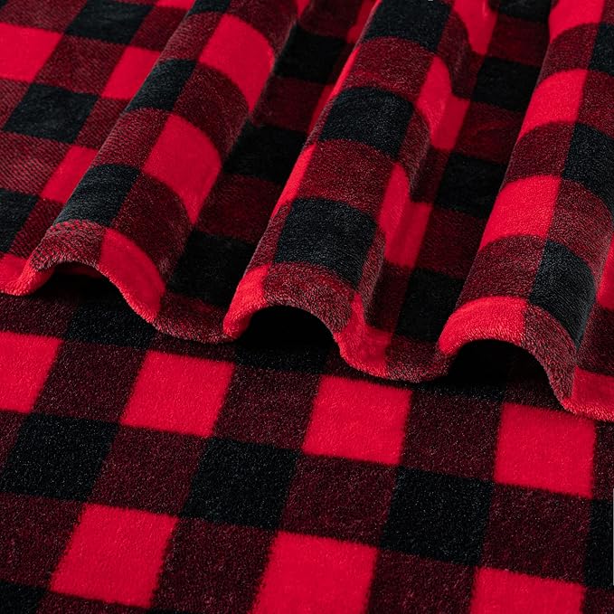 PAVILIA Black and Red Buffalo Plaid Fleece Bed Blanket Queen Size, Soft Checkered Flannel Blanket for Sofa, Plaid Christmas Couch Throw Bed, Warm Cozy Decorative Blanket Fall Decor Gift, 90x90