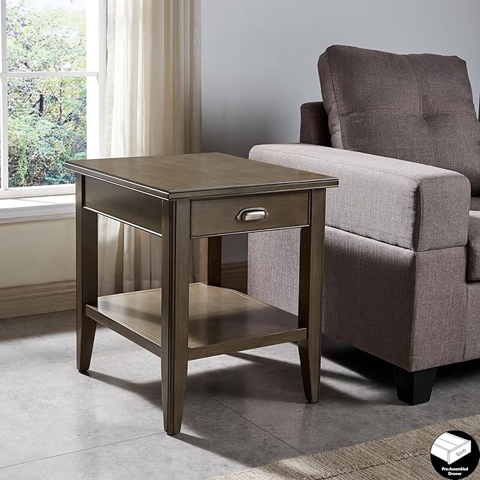 Laurent 20 in. Solid Wood End Table with Shelf and Drawer, Smoke Gray – Leick Home, 10507-GR