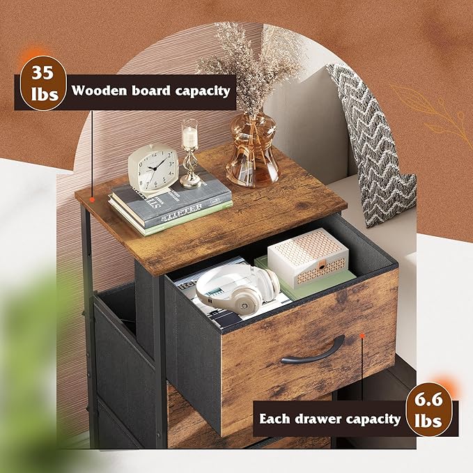 WLIVE Dresser with 3 Drawers, Fabric Nightstand, Organizer Storage Dresser for Bedroom, Hallway, Entryway, Closets, Sturdy Steel Frame, Wood Top, Easy Pull Handle, Rustic Brown Wood Grain Print