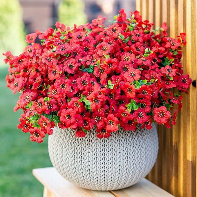 Artificial Flowers for Outdoors Fake Plants - 16 Bundles Faux Outside Greenery Boxwood No Fade Plastic Shrubs Fall Decor Farmhouse Home Garden Thanksgiving Mums (PureRed)