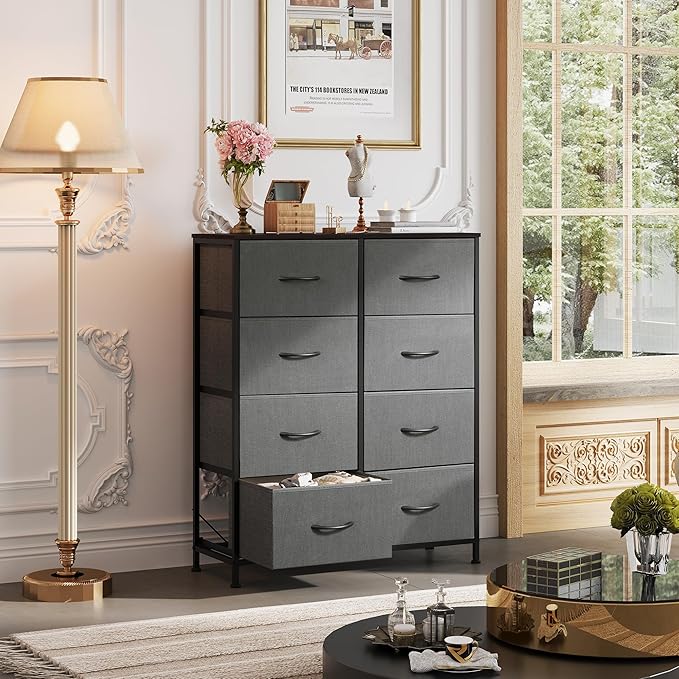WLIVE Fabric Dresser for Bedroom, Tall Dresser with 8 Drawers, Storage Tower with Fabric Bins, Double Dressers, Chest of Drawers for Closet, Living Room, Hallway, Dark Gray