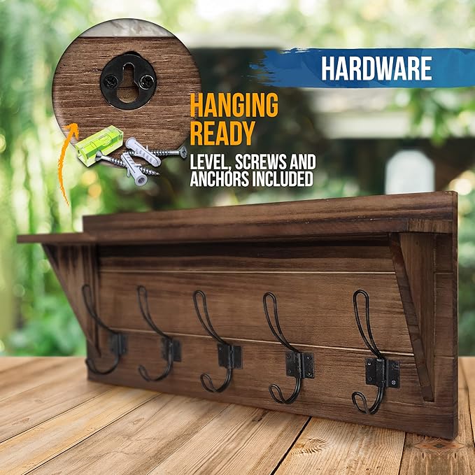 HBCY Creations Rustic Brown Solid Wood Wall Mounted Coat Rack with Shelf, 5 Hooks, 24" Long - Kitchen, Mudroom, Entryway, Bathroom - Includes Mounting Hardware, Coat Hanger, Dog Leash Hooks