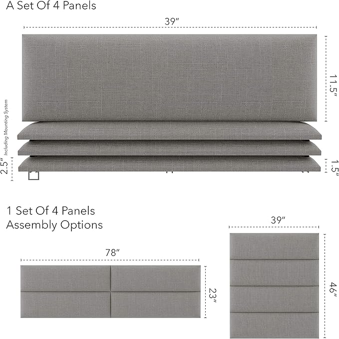 Vänt Upholstered Wall Panels - King/Cal King Size Wall Mounted Headboards - Weave Moondust Grey - Twin/King - Set of 4 Panels (Each Individual Panel 39"x11.5")