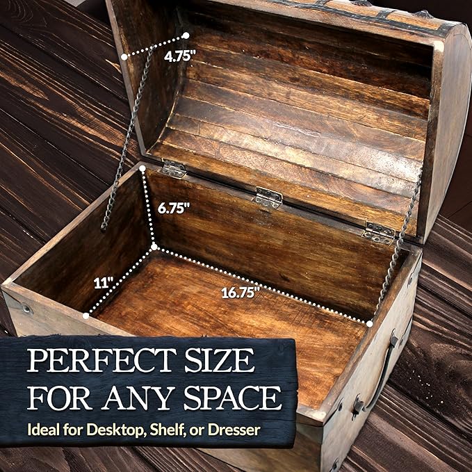 Nautical Cove Handmade Pirate Treasure Chest for Kids Prizes & Classroom with Lock and Skeleton Keys – Lockable Wooden Storage Chest Box, Pirate Decor, Decorative Wooden Box - XX-Large 18x12.5x12.5