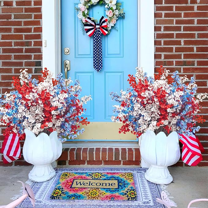 Uieke 30 Pcs 4th of July Artificial Flowers Fake Patriotic Babys Breath Flowers for Independence Day Decor Blue White Red Silk Flowers for Memorial Day Floral Arrangement Home Wedding