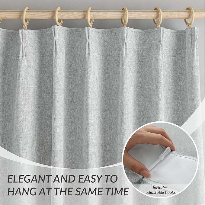 Light Grey 95 Inch Pinch Pleated Blackout Curtains for Sliding Glass Door, 60” Wide Pinch Pleat Linen Curtains for Living Room French Door, Privacy Assured Elegant Modern Home decor(60Wx95L,2 Panels)